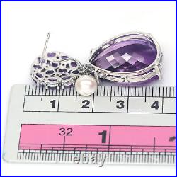 17 X 22 mm. Purple-Amethyst Pearl Cubic-Zirconia Earrings Silver 925 Sterling