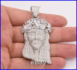 2 3/4 Jesus Head CZ Cubic Zircon Charm Pendant 14K White Gold Clad Silver 925