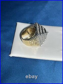 2 Tone Pyramid Style 925 Sterling Silver Ring Gents Full Cubic Zirconia Stones