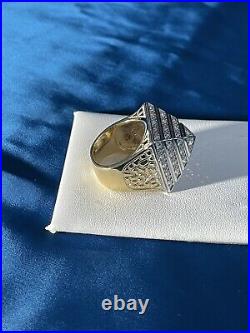 2 Tone Pyramid Style 925 Sterling Silver Ring Gents Full Cubic Zirconia Stones