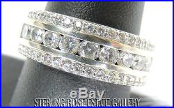 3 ROW CUBIC ZIRCONIA Sterling Silver 925 Estate WEDDING wide BAND RING size 8.25