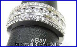 3 ROW CUBIC ZIRCONIA Sterling Silver 925 Estate WEDDING wide BAND RING size 8.25