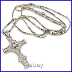 30 Sterling Silver Cubic Zirconia Bright Cut Filigree Cross Necklace