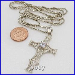 30 Sterling Silver Cubic Zirconia Bright Cut Filigree Cross Necklace