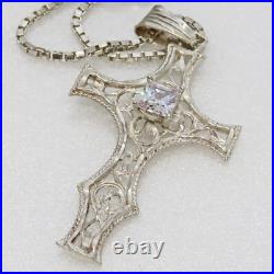 30 Sterling Silver Cubic Zirconia Bright Cut Filigree Cross Necklace