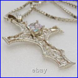 30 Sterling Silver Cubic Zirconia Bright Cut Filigree Cross Necklace