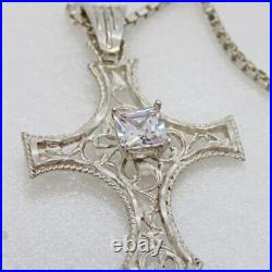 30 Sterling Silver Cubic Zirconia Bright Cut Filigree Cross Necklace