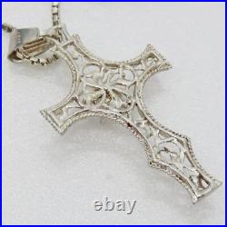 30 Sterling Silver Cubic Zirconia Bright Cut Filigree Cross Necklace