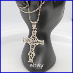30 Sterling Silver Cubic Zirconia Bright Cut Filigree Cross Necklace