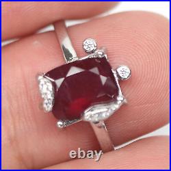 7 X 9 mm. Blood Red -Ruby & White Cubic-Zirconia Ring 925 Sterling Silver