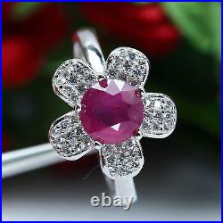 7 mm. RED RUBY & WHITE cubic zirconia FLOWER RING 925 STERLING SILVER