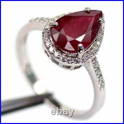 8 X 12 mm. PEAR BLOOD RED RUBY & WHITE cubic zirconia RING 925 STERLING SILVER