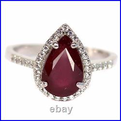 8 X 12 mm. PEAR BLOOD RED RUBY & WHITE cubic zirconia RING 925 STERLING SILVER