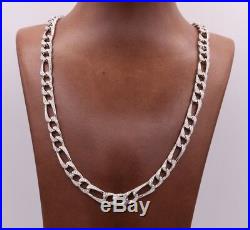 8mm Figaro Link Chain Cubic Zirconia Necklace Real Solid Sterling Silver 925 24