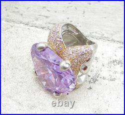 925 Silver Amethyst & Cubic Zirconia Love Heart Cocktail Ring Sz 6 RG1642