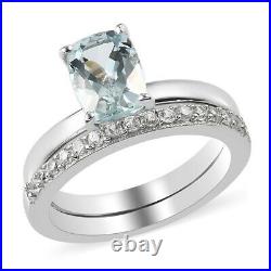 925 Silver Blue Aquamarine Cubic Zirconia CZ Set of 2 Ring Gift Ct 1.7