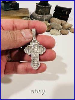 925 Solid Sterling Silver Cubic Zirconia Baguette Cross Pendant
