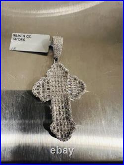 925 Solid Sterling Silver Cubic Zirconia Baguette Cross Pendant