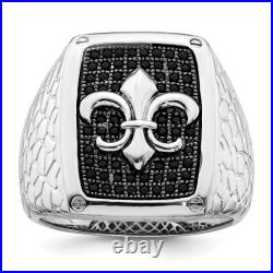 925 Sterling Silver Black Cubic Zirconia CZ Fleur De Lis Flower Mens Ring