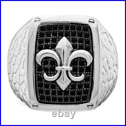 925 Sterling Silver Black Cubic Zirconia CZ Fleur De Lis Flower Mens Ring