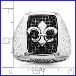 925 Sterling Silver Black Cubic Zirconia CZ Fleur De Lis Flower Mens Ring