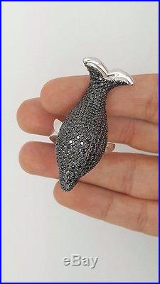 925 Sterling Silver Black Cubic Zirconia Cz Large Big Dolphin Fish Cocktail Ring