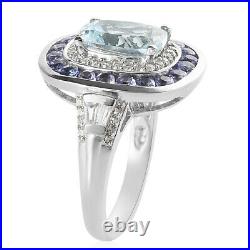 925 Sterling Silver Blue Aquamarine White Zircon Halo Ring Gift Size 7 Ct 3.3
