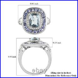 925 Sterling Silver Blue Aquamarine White Zircon Halo Ring Gift Size 7 Ct 3.3