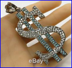 925 Sterling Silver Blue & White Cubic Zirconia Dollar Sign Pendant 44g P2048