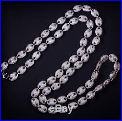 925 Sterling Silver Coffee Bean Chain Gents Cubic Zirconia Stones White Gold plt