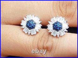 925 Sterling Silver Cubic-Zircon Stone Halo Stud Earrings White & Blue color