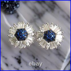 925 Sterling Silver Cubic-Zircon Stone Halo Stud Earrings White & Blue color