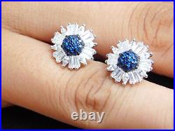 925 Sterling Silver Cubic-Zircon Stone Halo Stud Earrings White & Blue color