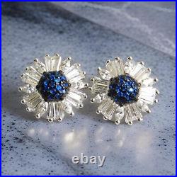 925 Sterling Silver Cubic-Zircon Stone Halo Stud Earrings White & Blue color