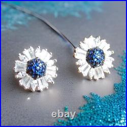 925 Sterling Silver Cubic-Zircon Stone Halo Stud Earrings White & Blue color