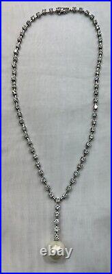 925 Sterling Silver Cubic Zirconia 16 Necklace with Shell Pearl. Party. Bridal