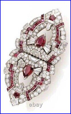 925 Sterling Silver Cubic Zirconia Art Deco Style Red Pear Double Clip Brooch