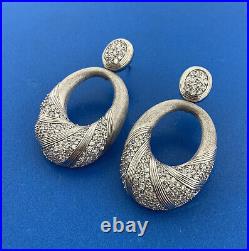 925 Sterling Silver Cubic Zirconia Brushed Statment Dangle Hoop Earrings
