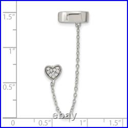 925 Sterling Silver Cubic Zirconia CZ Heart 2 inch Chain Single Post Cuff Ear
