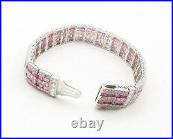925 Sterling Silver Cubic Zirconia & Pink Topaz Hinge Chain Bracelet BT4883