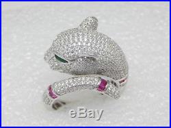 925 Sterling Silver Green Red White CZ Cubic Zirconia Panther Size 8 11.1g Ring