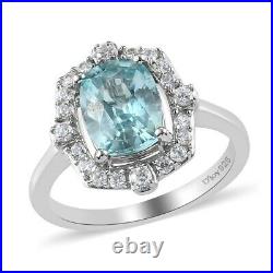 925 Sterling Silver Halo Ring Blue Cubic Zirconia CZ Eternity Ct 3.4 Gift