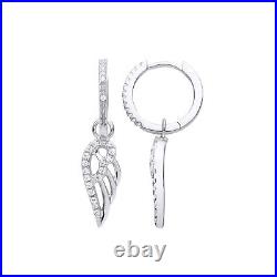 925 Sterling Silver Jewelco London CZ Angel Wings Huggie Hoop Drop Earrings