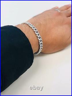 925 Sterling Silver Mens Bracelet Cuban Link With Cubic Zirconia and Box Luck