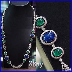 925 Sterling Silver Necklace Cubic Zirconia 14K Jewelry Green & Blue Cabochon