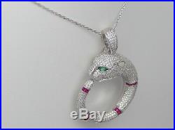 925 Sterling Silver Panther Pendant Necklace Green Red White CZ Cubic Zirconia
