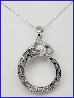 925 Sterling Silver Panther Pendant Necklace Green Red White CZ Cubic Zirconia