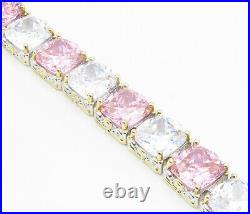 925 Sterling Silver Pink & White Cubic Zirconia 2 Tone Chain Bracelet BT3465