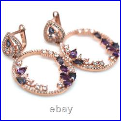 925 Sterling Silver Purple Amethyst, Sapphire & Cubic Zirconia Earrings