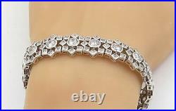 925 Sterling Silver Shiny Cubic Zirconia Floral Link Chain Bracelet BT2002